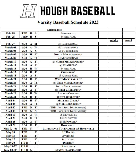 Varsity Schedule - Hough Baseball